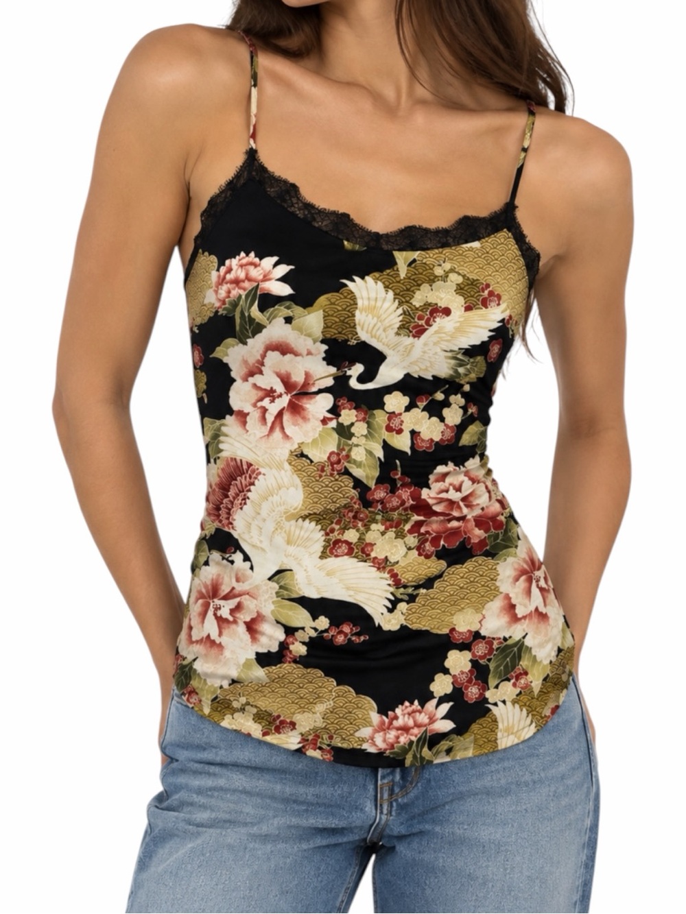 Promod Floral‎ Print Lace Trim Cami Top Sz M